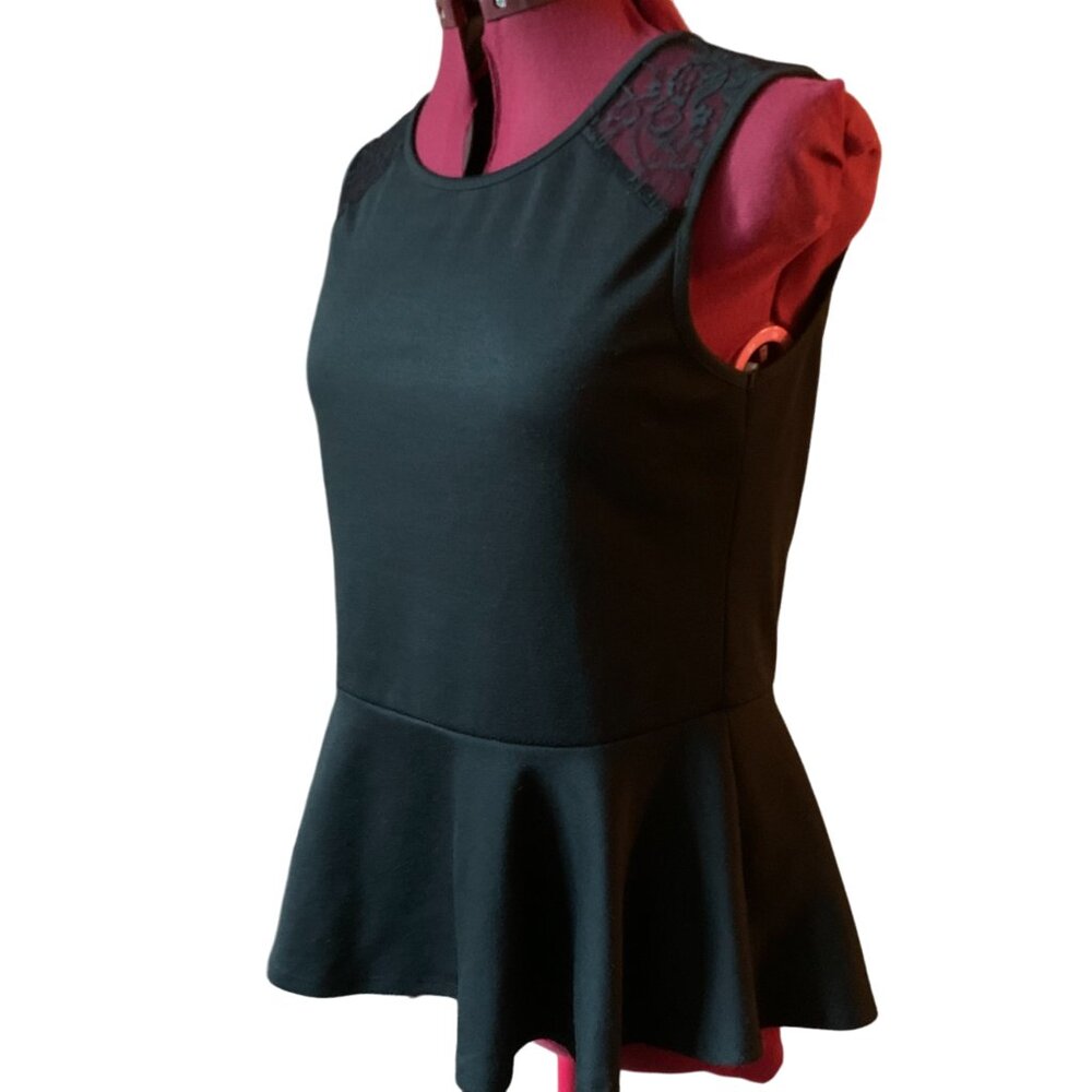 PURE AND SIMPLE - Black Peplum Tank Top with lace and back zip - Medium